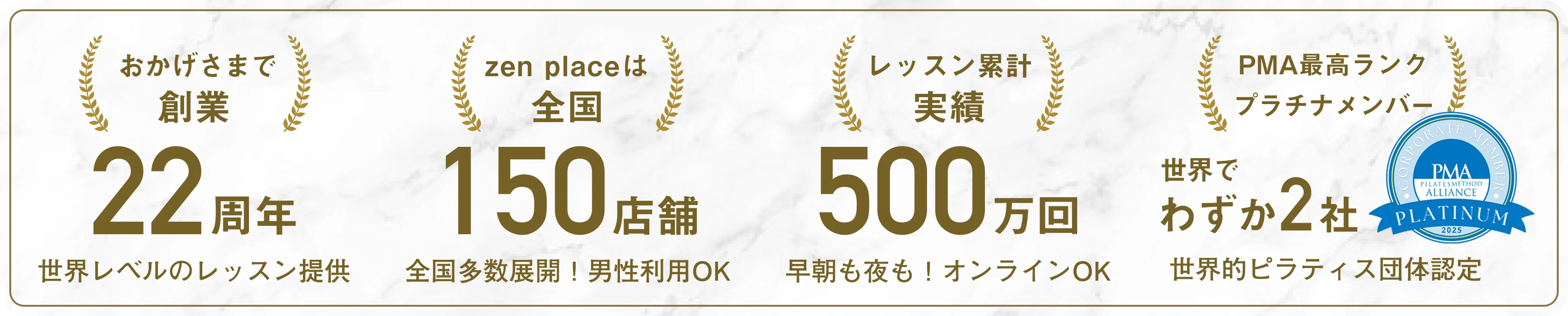 おかげさまで創業22周年、zen placeは全国150店舗、レッスン累計実績500万回、世界でわずか2社 PMA最高ランクプラチナメンバー